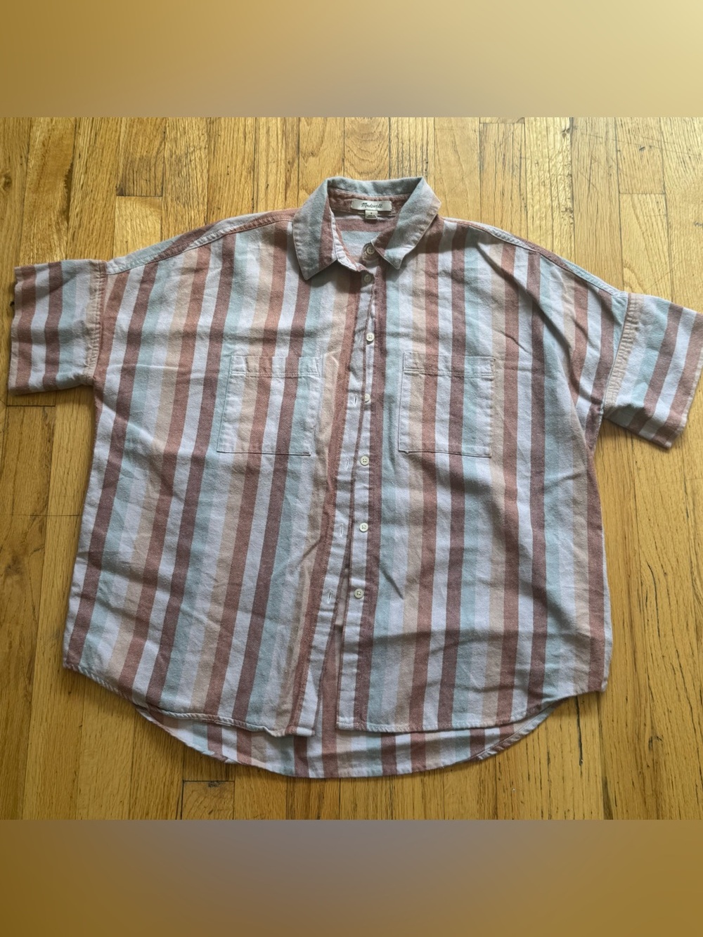 Madewell Striped Short-Sleeve Button-Up in Blue and Rust